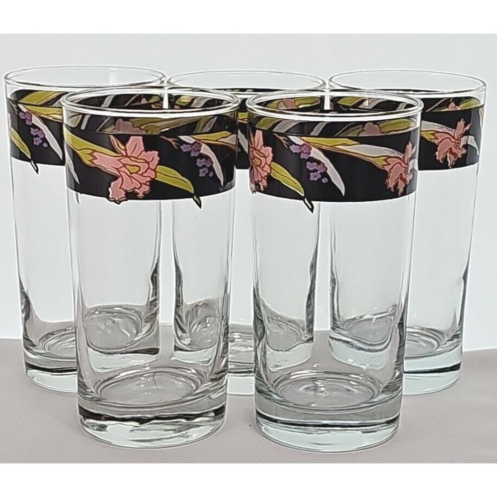 Bold Banded Highball Glasses 5.5" black band pastel color orchid flowers set-5